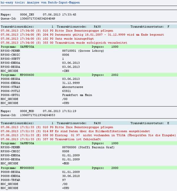 Screenshot hr-easy tools: Analyse von Batch-Input-Mappen