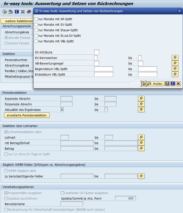 Screenshot hr-easy tools: Auswertung und Setzen von Rückrechnungen