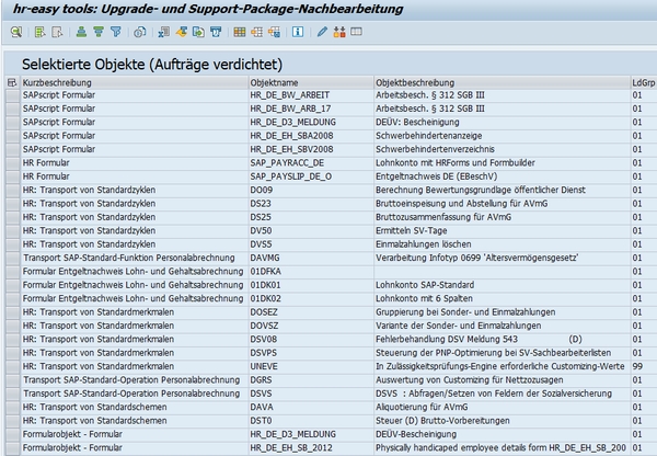 Screenshot hr-easy tools: Upgrade- und Support-Package-Nachbearbeitung