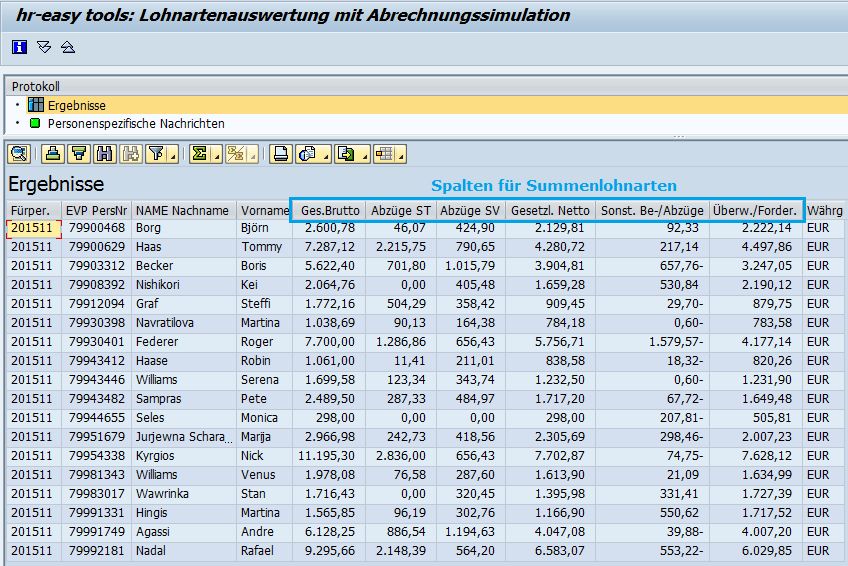 Screenshot von hr-easy tools: Lohnartenauswertung mit Abrechnungs­simulation